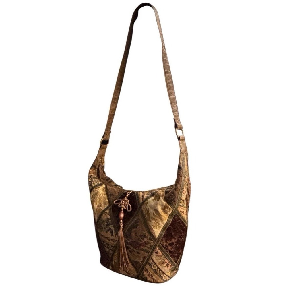 Vintage Boho Patchwork Tapestry Hobo Shoulder Bag Earth Tones Y2K Handmade Large - Picture 5 of 16